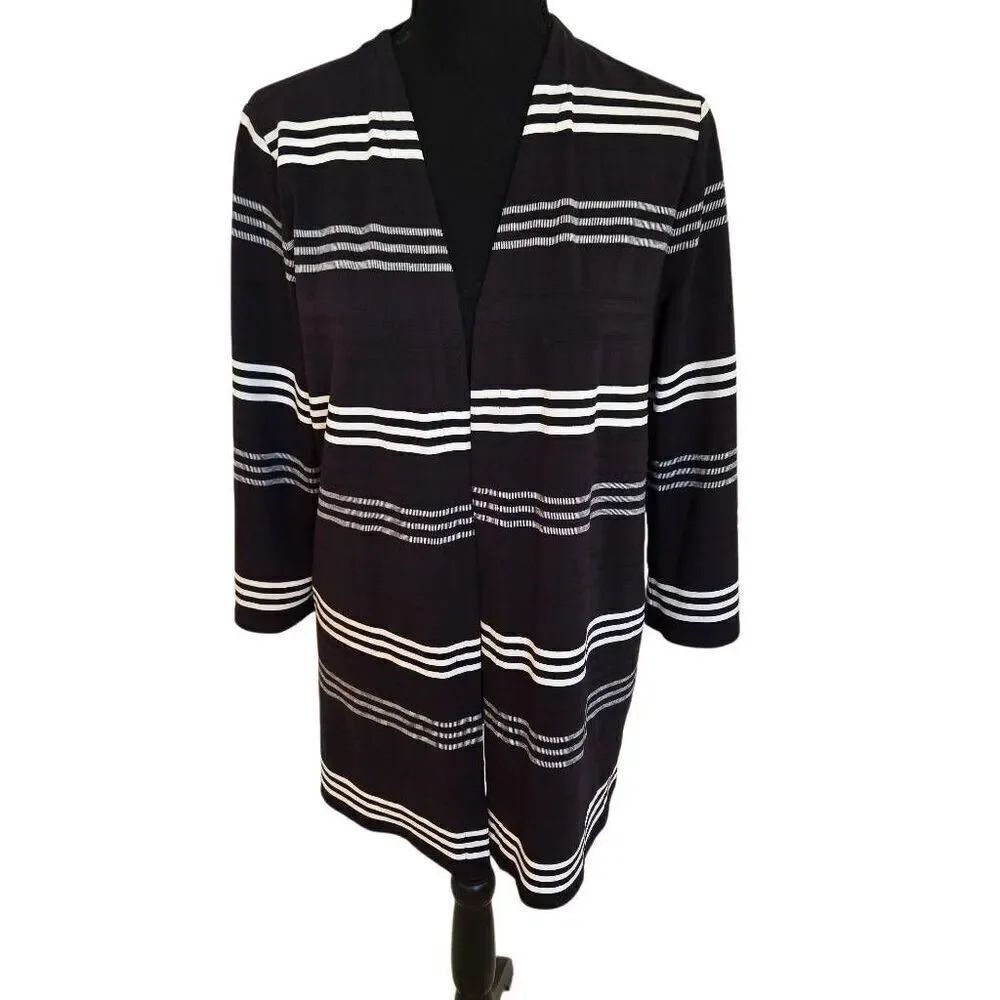 J. Jill Wearever Womens Striped Open Cardigan Jacket Black White Medium Petite
